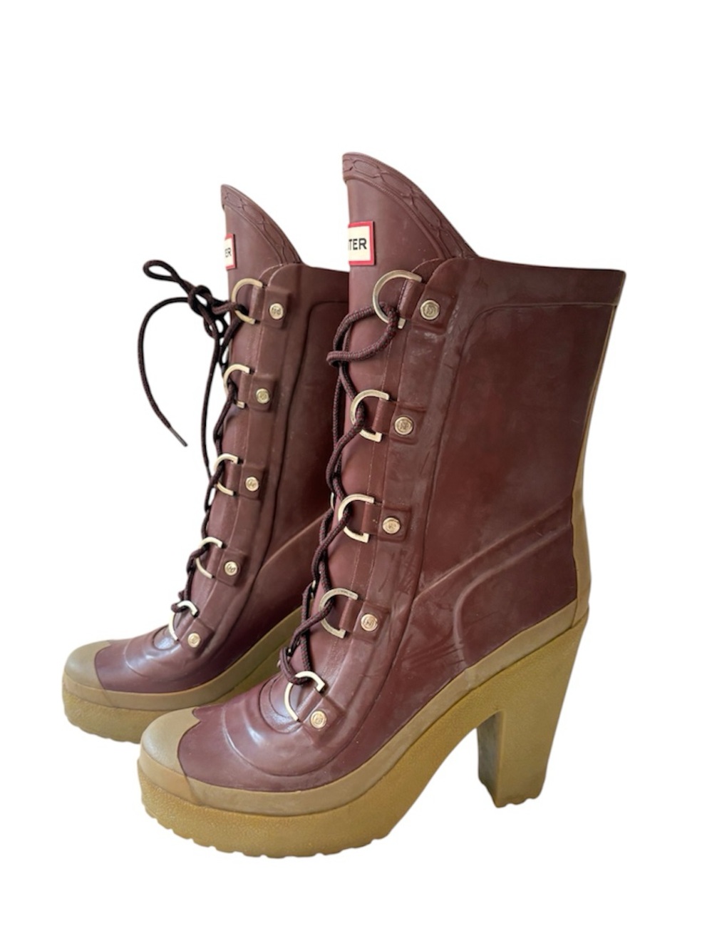 Hunter Gabby Lapin Burgundy Lace Up High Heel Rain Boots